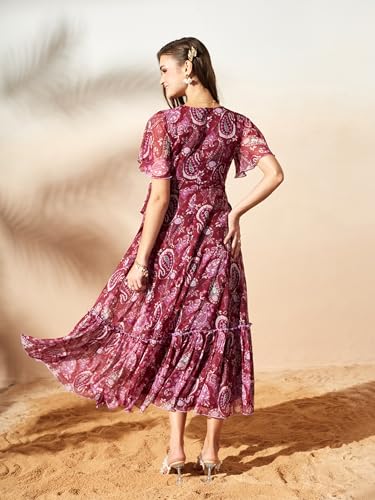 Image of Miss Chase Women's Floral V-Neck Flutter Sleeve Wrap Chiffon Maxi Dress