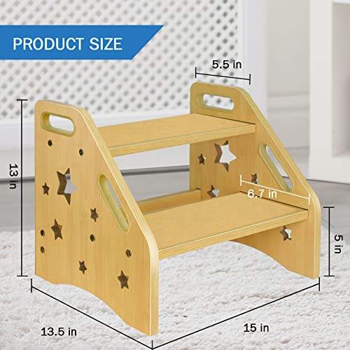 Nursery Step Stool For Kids, 2 Step Toddler Step Stool With Openwork Stars, Toddler Potty Training Step Stool, Kitchen Step Stool With Non-Slip Step Treads And 4 Cutout Handles, Toddler Step Stool #TOP3