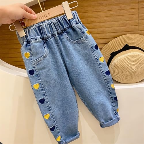 Jeans for Toddler Kids Straight Leg Embroidered Denim Pants Elastic Waist Trousers Cute Trendy Streetwear with Pockets2