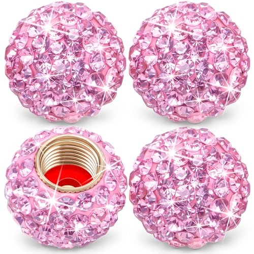MEAJOO 4PCS Bling Crystal Diamond Tire Stem Valve Caps, Crystal Shinny Rhinestone Car Wheel Tire Valve Caps for Women, Universal for Cars, SUV, Trucks, Bikes, Motorcycles, Bicycles (Pink)