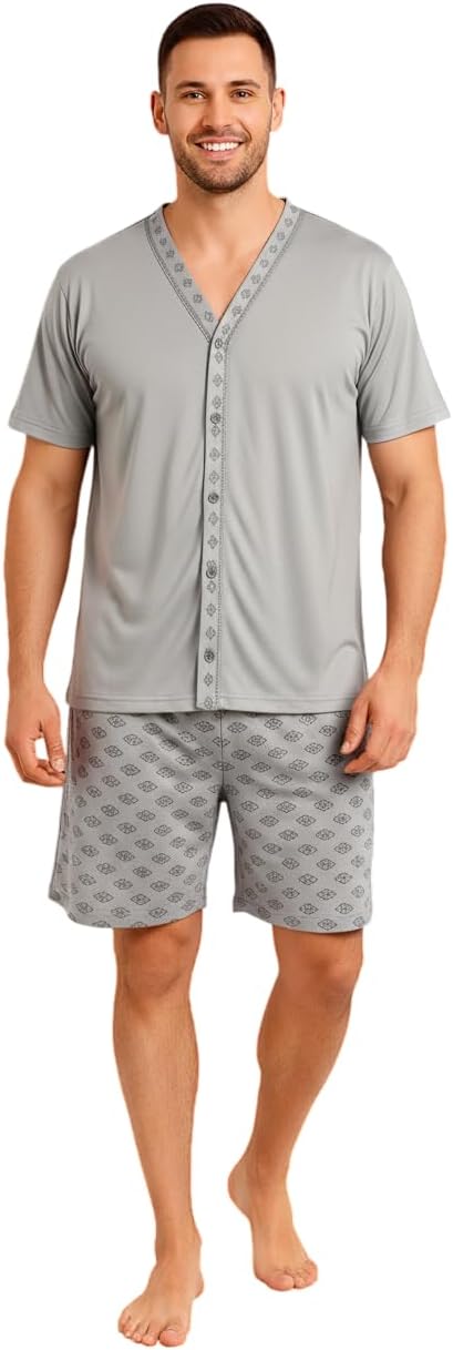 Pijama Masculino Adulto Botão Gola V Manga Shorts Curto Quentinho Macio Confortável