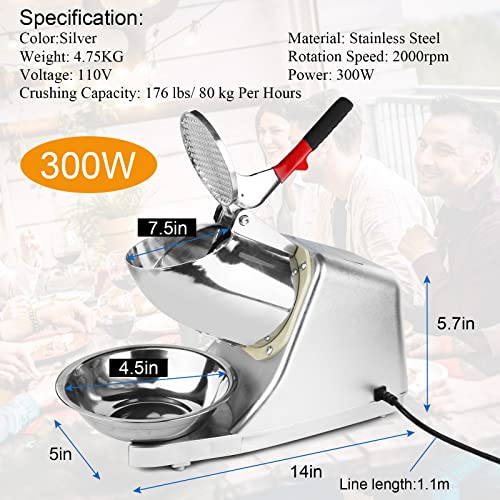Electric Ice Crusher,110V Electric Ice Shaver Machine with Dual Blades,Bowl and Cover 300W Electric Snow Cone Maker(176lbs/80kg Per Hour,2200rpm) for Shaved Ice,Margaritas,Home Commercial Use(Sliver) - Thumbnail 3
