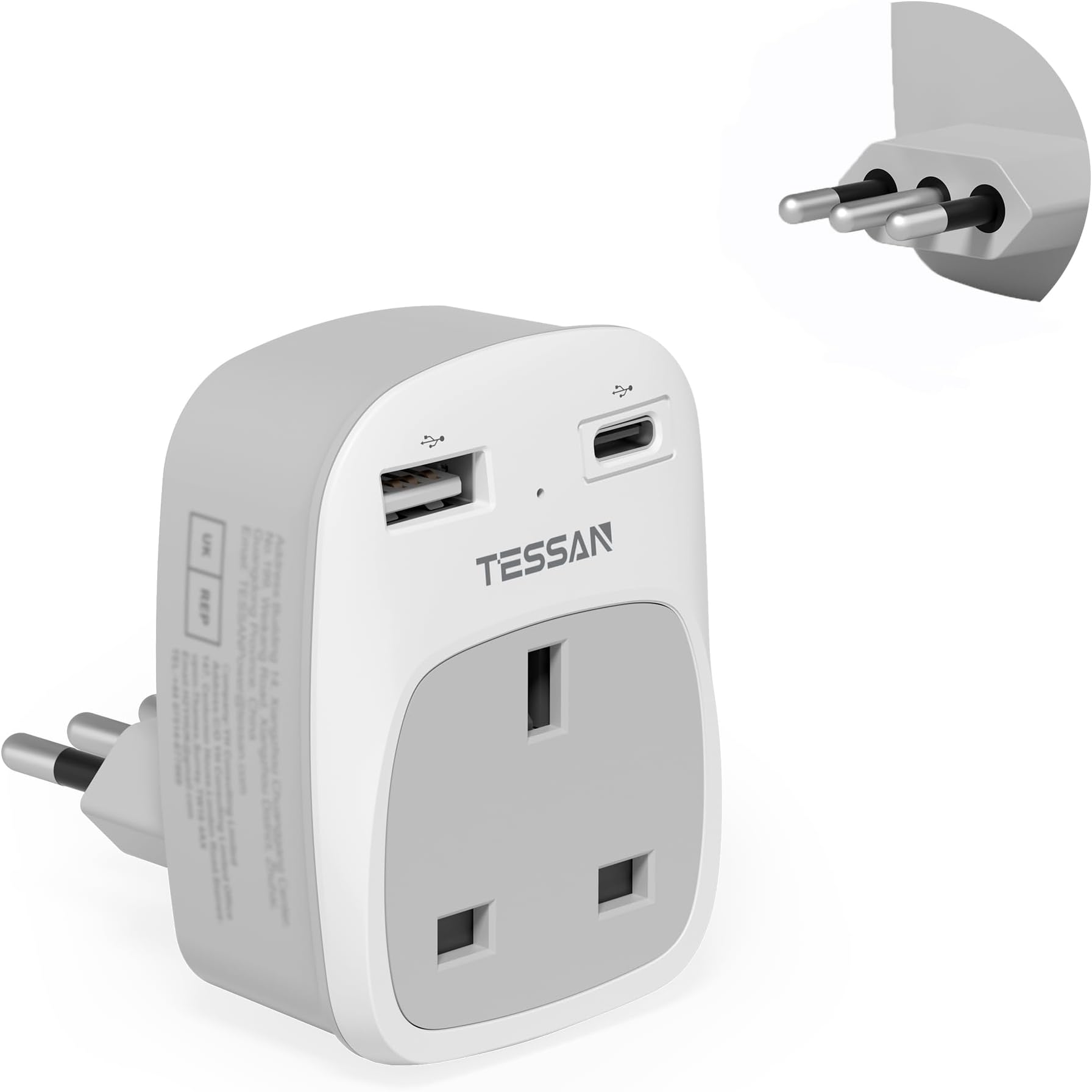UK to Italy Plug Adapter, TESSAN Grounded Italy Plug Adapter with 2 USB Ports (1 USB C), Italian Travel Adaptor for Chile Ethiopia Libya Syria Tunisia Uruguay (Type L)
