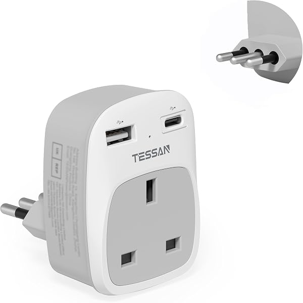 UK to Italy Plug Adapter, TESSAN Grounded Italy Plug Adapter with 2 USB Ports (1 USB C), Italian Travel Adaptor for Chile Ethiopia Libya Syria Tunisia Uruguay (Type L) - 1