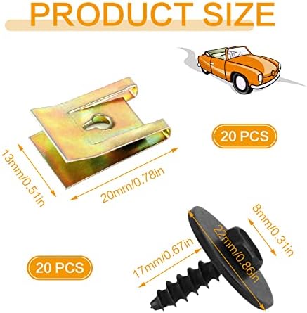 ShiSheng 20 Pcs Screw and Nut Clip Kit Fixed Auto Car Body Fender Screws, Undertray Clips U-Type Fender Fastener Under Cover Splashguard Screw for Car Wheel Arch Cover Undertray Fender