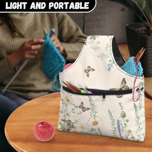 Image of ZUXONGSY Daisy Knitting Crochet Tote Bag Butterfly Knitting Yarn Storage Bag Organizer Lightweight Vintage Yarn Handbag with Holes for Crochet