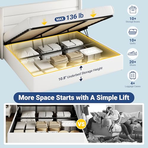 Image of Allewie King Size Velvet Lift Up Storage Bed, Modern Wingback Headboard, Hydraulic Support, No Box Spring Needed, White