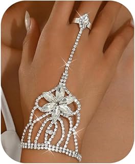 Crystal Flower Hand Chain with Ring Rhinestone Hand Chain Finger Ring Bangle Jewelry Bridal Wedding Hand Bracelet Jewelry for Women