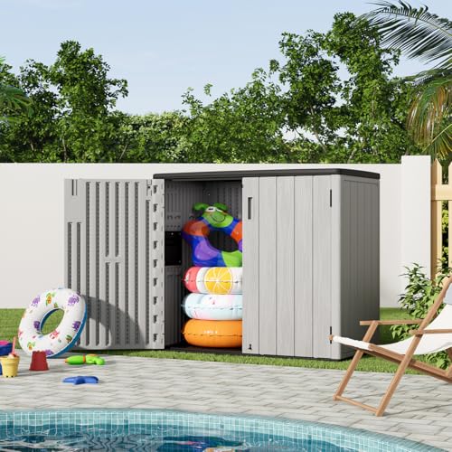 Image of KINYING Outdoor Horizontal Storage Sheds,37 Cu.ft Outdoor Storage Cabinet Waterproof Resin Tool Storage Box for Lawn Mower,Garden Tools and Patio Furniture, Lockable (Grey)