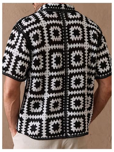 Men's Geometric Hawaiian Crochet Shirt Hollow Out Beach Shirts Button Down Short Sleeve Collared Knit Tops2