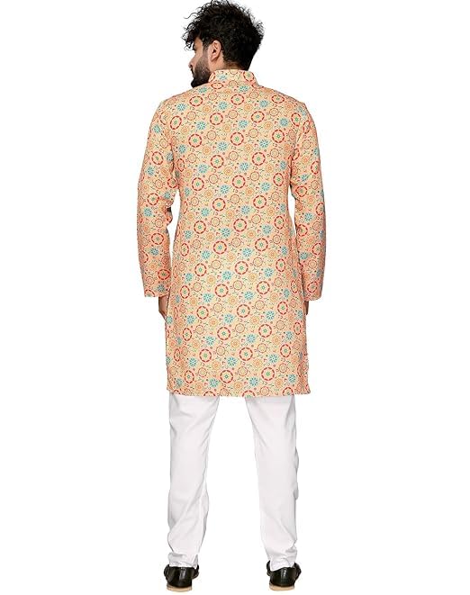 Image of LookMark Men's Cotton Blend Printed Long Kurta Suitable for All Indian Wedding, Occasions, and Festivals