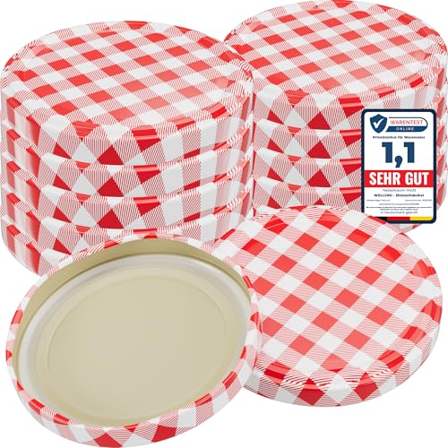 WELLGRO 50x Einmachdeckel TO 82 rot kariert - Ersatzdeckel für Einmachgläser, Schraubdeckel, Twist-Off-Deckel aus Metall