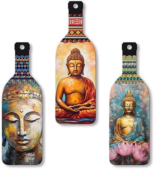 DEALORA GLOBAL Meditating Gautam Buddha Wooden Wall Hanging for Home Decor | Decoration Items for Livingroom | Art Item for Office | Decorative Mdf Wall Hanger Artwork (WH_9507N), (Set of 3)