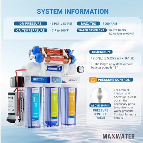 Image of Max Water 6 Stage 100 GPD (Gallon Per Day) RODI (Reverse Osmosis Deionization) Water Filtration System + Digital TDS Meter + Booster Pump for Aquarium