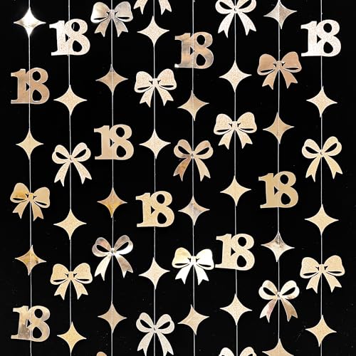 Image of Glitter Champagne 18th Bow Birthday Decorations Champagne Conquette Bow Garland Streamer Banner Backdrop for Girls Happy 18th Birthday Time to Adult Cheers to 18 Years Old Anniversary Party Supplies