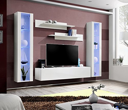 ARREDO DA CASA Parete Attrezzata Soggiorno Moderna Completa di Vetrine Sospese con Illuminazione LED 2 Mensole e Mobile Porta TV PAP82 (Bianco)