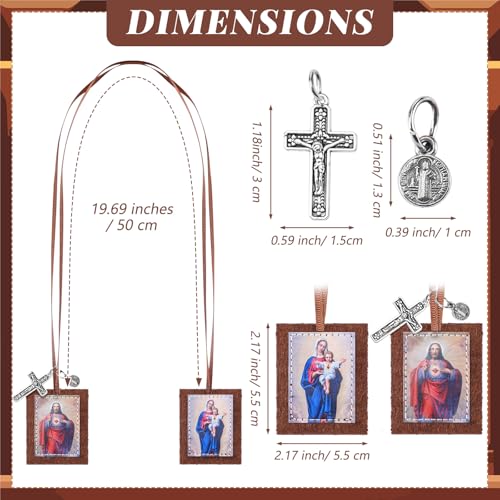 Wavwavw 6 Pcs Our Lady of Mt Carmel and Jesus Christ Sacred Brown Scapular Necklace with Benedict Medal and Crucifix Benediction and Protection Gift for Women Man First Holy Communion or Confirmation2