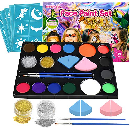 Face Paint Kit for Kids, BEEYEO Face Paint Palette Water Based Non Toxic Face Painting for Sensitive Skin Professional Face Paint Party Supplies with 14 Colors, 2 Glitters, 30 Stencils, 4 Makeup Spong