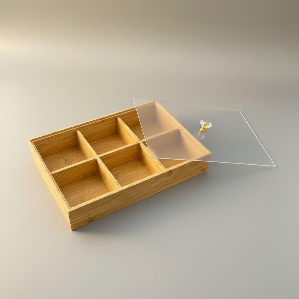 Bambu Organizer Kutu, 6 Bölmeli, Şeffaf Kapaklı, Kristal Kulplu, 30x20x6 cm, Çay ve Baharat…