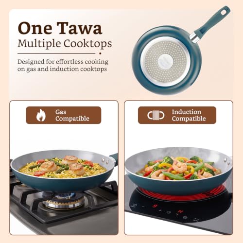 Image of Amazon Brand - Solimo Ceramic Frying Pan 24cm | Non-Stick Aluminium Tawa | Induction & Gas | BPA-Free & PFOA-Free | Ergonomic Handle | Even Heat Distribution | Dishwasher Safe | BIS Certified - Blue
