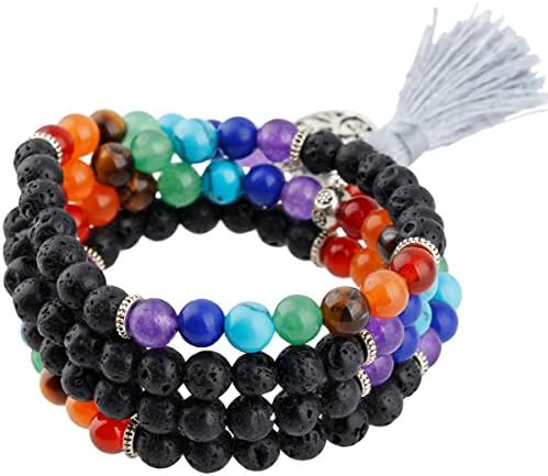 Shanxing 6mm 108 Prayer Beads Mala Bracelet with Tassel Tibetan Buddhist Buddha Meditation Stone Necklace, 7 Chakra & Lava Rock Stone, Total Length About 27.5 / 70cm
