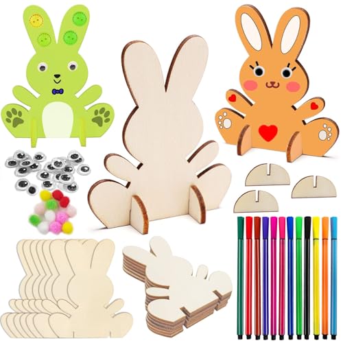 Lot de 10 lapins de Pâques à peindre en bois - Décoration de Pâques - Décoration de Pâques - Kit de bricolage pour enfants - Avec mini pompons colorés...