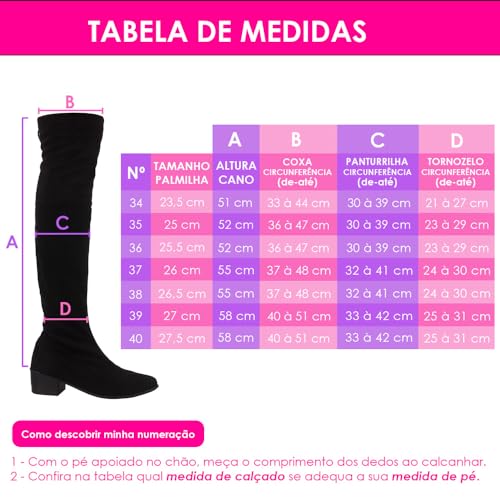 Bota Over The Knee Feminina Salto Baixo Camurça Cano Longo Preto (Preto, BR, Adulto, Numérico, M, 36