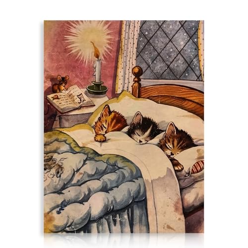 Dazzlewall Art Mural de Chat Dormant Chaleureux, Images sur Toile d'Impressions de Chatons Doux de Style Vintage dans le Lit avec Souris pour Chambre et Salon...