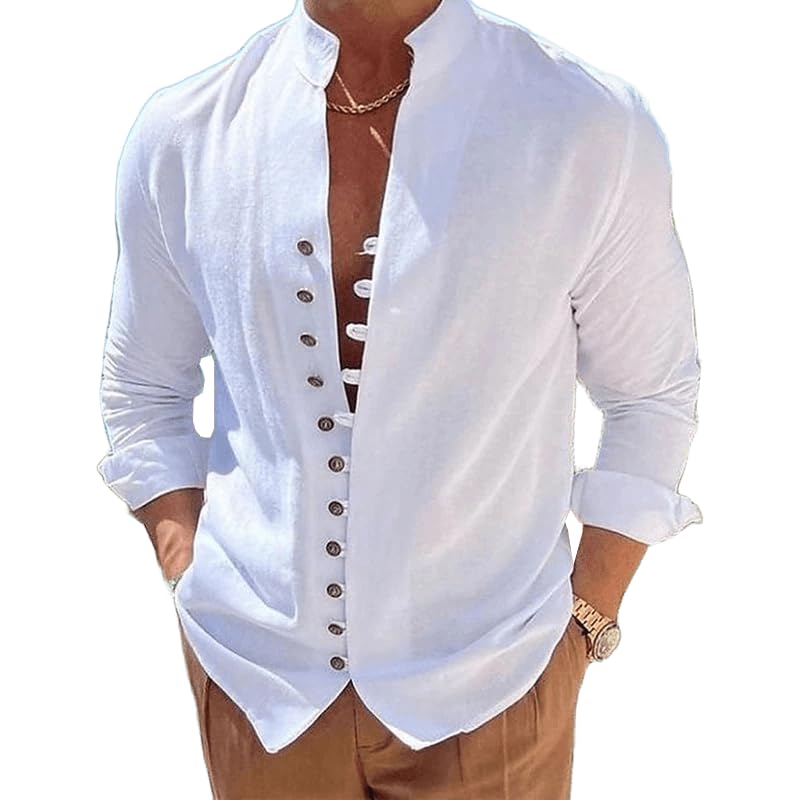 Mens Long Sleeve Shirt Button Down Loose Fit Vintage Shirts Banded Collar High Elastic Tops Henley Shirt