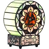 Bieye L12017 Tiffany Style Stained Glass Desk Clock Table Lamp with Lotus Flower Design (Three Hares)