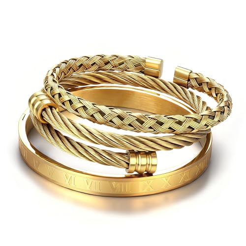 JeweBella 3 Stück Armreif Herren Edelstahl Luxus Römische Ziffer Armreif Verstellbar Offen Manschette Armreif Armband Set Silber/Gold/Schwarz