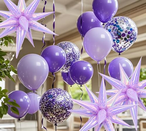 Image of 50pcs Iridescent Lilac 26' Water Drop Foil Cone Mylar Balloons Holographic Lilac Star Balloons Explosion Star for Girls Women Birthday Party Wedding Baby Shower Party Decor