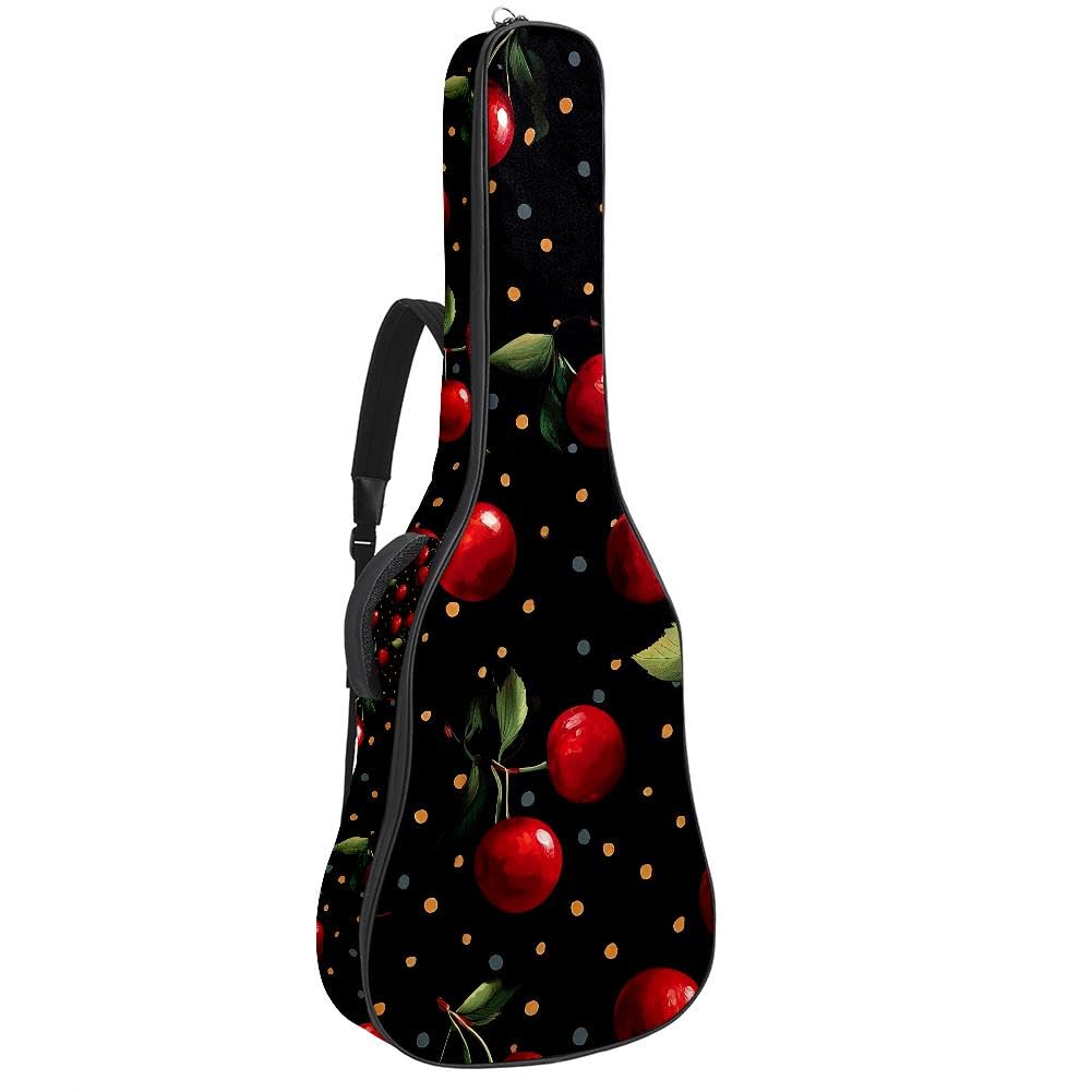 Gitarrentasche, volle Größe, 99 cm, 101,6 cm, 104,1 cm, für Akustikgitarre, Konzertgitarre, 10 mm dick, gepolstert, Kirschen und Früchte, wasserdicht, mit Tasche, verstellbarer Schultergurt