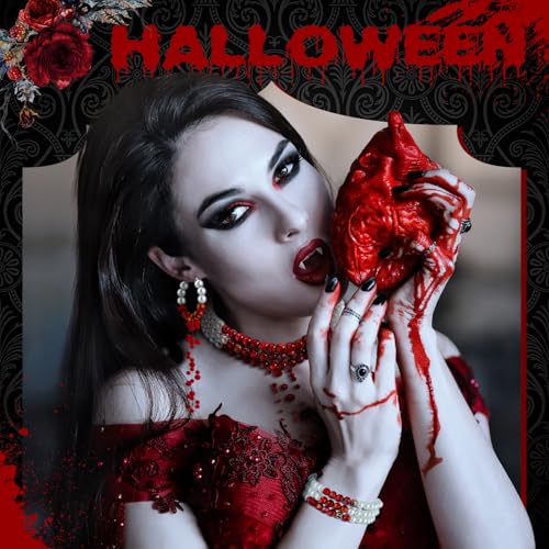 Cunno 6 Pcs Halloween Vampire Costume Accessories Dripping Blood Necklace Vampire Teeth Bloody Pearl Bracelet Necklace Earring Jewelry Set Gothic Fangs for Halloween Party Favors Gift2