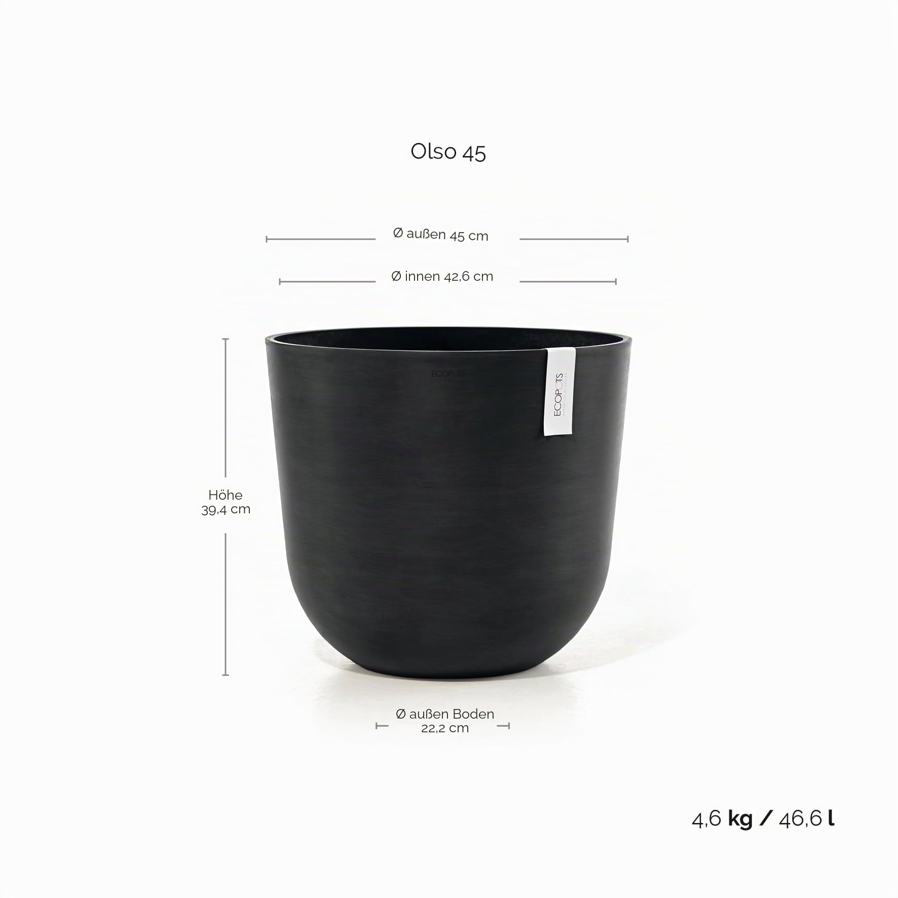 Ecopots Oslo 45 Blumentopf - L 45 cm x H 39,4 cm - Innen- und Außenbereich Dunkelgrau