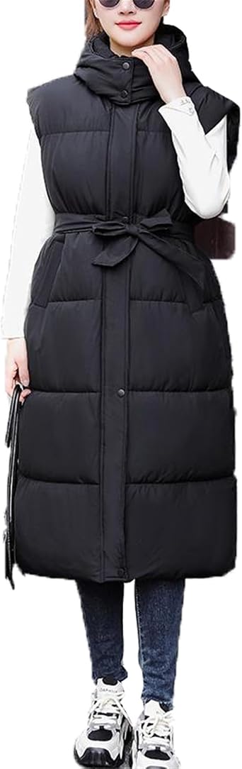 EMENAR Womens Long Vest Coat Cotton Down Winter Puffer Jacket with Pockets Removable Hooded Lightweight Gilet Outerwear