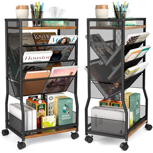 8 Tier Rolling Book Cart with Wheels, Mobile Book Storage Cart with 2 Sides Access Bookcase for Narrow Space, Rolling File Organizers and Storage for Home Office Living Room Classroom School