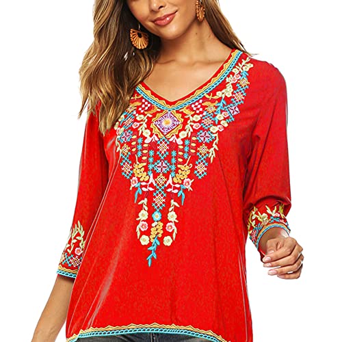 Lauraklein Women's Boho Embroidered Peasant Tops 3/4 Sleeve V Neck Mexican Bohemian Shirts Tunics Blouses (Red, Medium) #TOP2