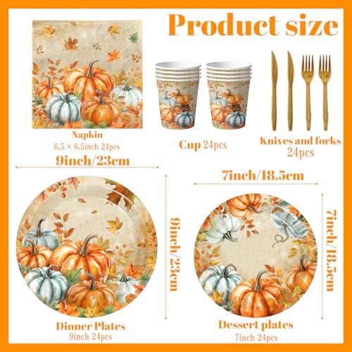 Image of Fall Paper Plates and Napkins Sets,144pcs Watercolor Retro Pumpkin Thanksgiving Party Plates and Cups and Napkins Sets for Autumn Themed Thanksgiving Party Supplies,Serves 24
