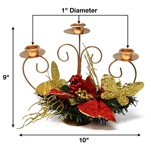 Christmas Taper Candle Holder Holiday Centerpiece Gold Metal With Red Berries Pine Poinsettia Festive Winter Table Party Decor Holds 3 Candles For Home Wedding Dining Room Place Setting Decorations #TOP1