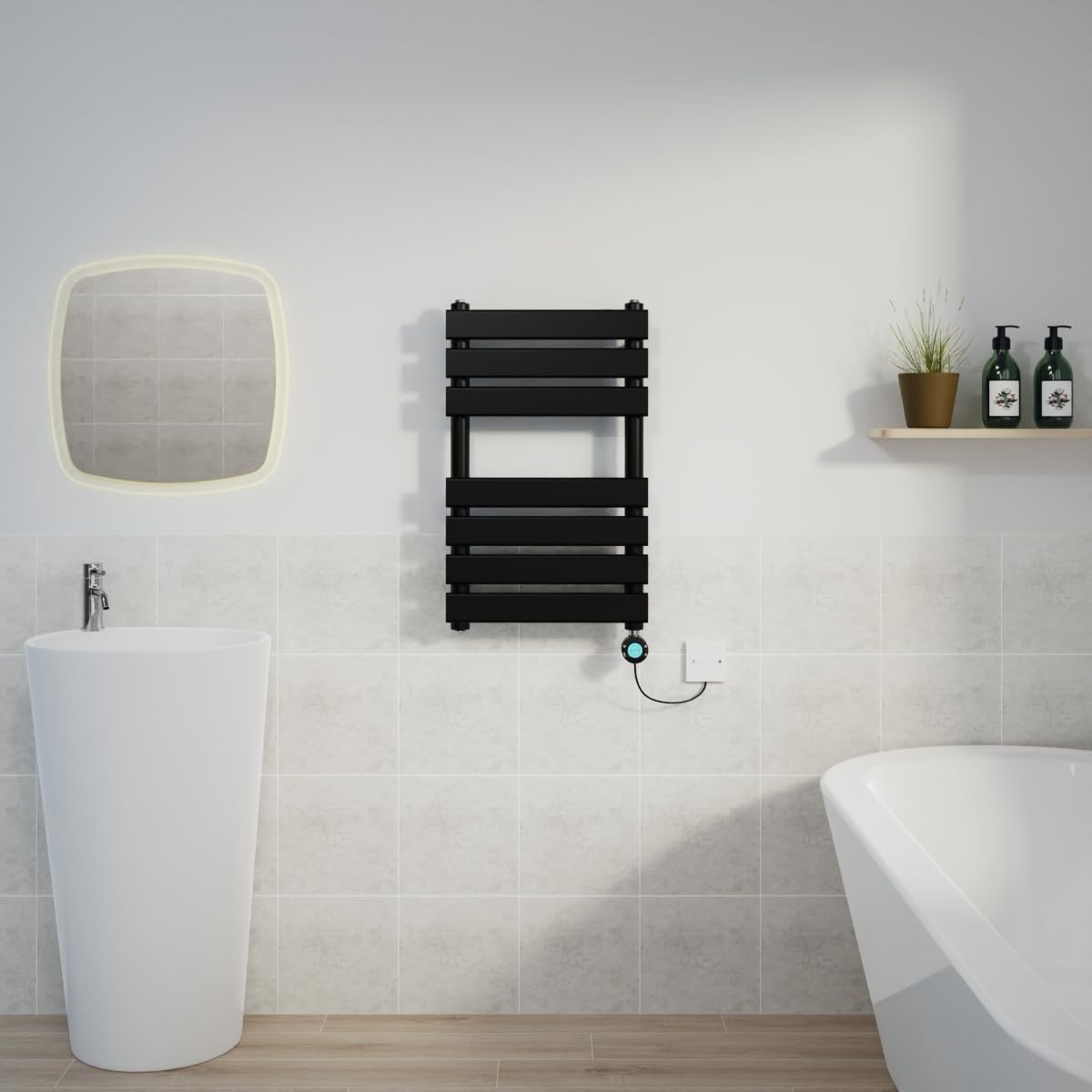 Warmehaus Black 650X400mm Designer Flat Panel Electric Heated Towel Rail Thermostatic Timer Bathroom Towel Radiator 400W