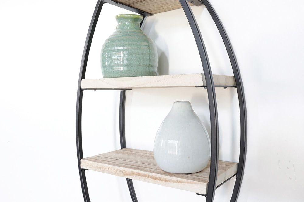 IVOL Design Metall Wandregal - Schwarz - Oval mit 4 Holzböden (36 x 80 cm)