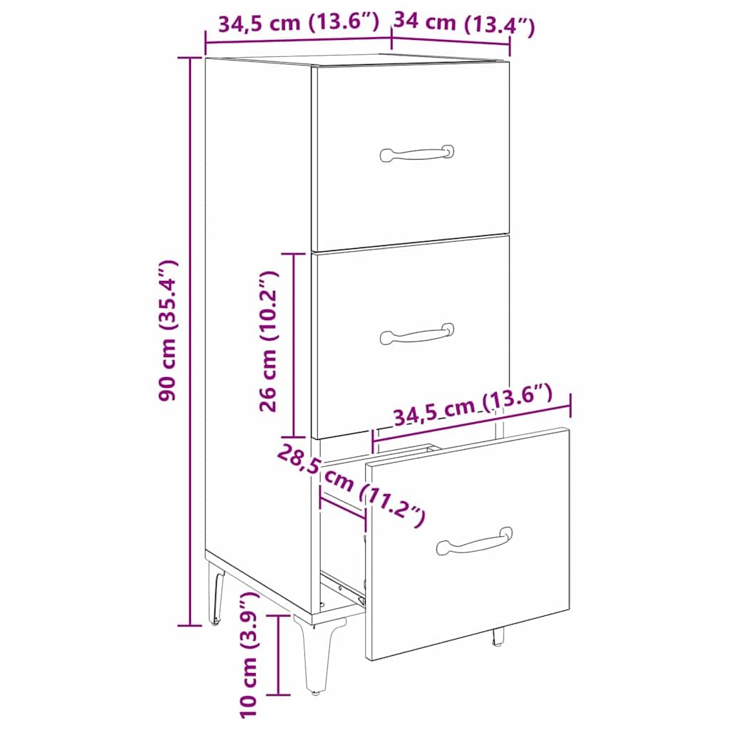 Credenza nera effetto rovere, 34,5 x 34 x 90 cm, in legno con cassetto e vano portaoggetti, per soggiorno, sala da pranzo, corridoio, ufficio