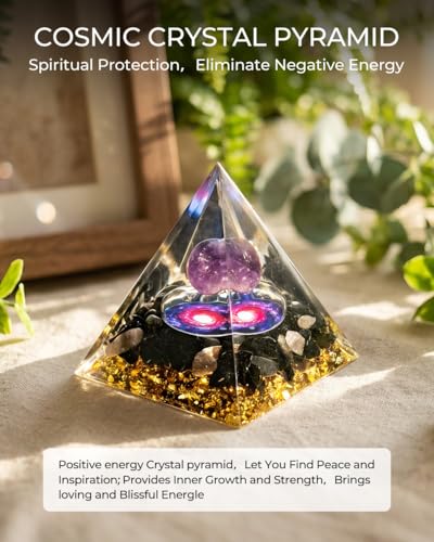 Image of Orgone Pyramid with Healing Crystals - Amethyst & Obsidian Energy Generator for Positive Vibe, Stress Relief & Chakra Reiki Meditation - Pyramid Decor - Spiritual Gift for Success, Wealth & Prosperity