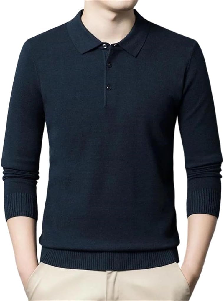 Dninmim Men's Wool Sweater Solid Polo Collar Long Sleeve Knitted Pullover Casual Business Warm Jumper