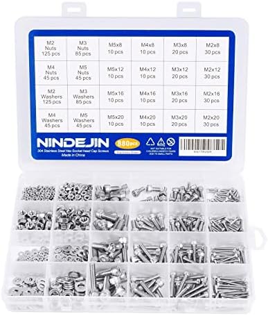 NINDEJIN 880Pcs Screw Bolts and Nuts Set, Metric M2 M3 M4 M5 Hex Socket Cap Head Screw, Washer and Hex Wrenches, 304 Stainless Steel Machine Screws Assorted Kit for Industrial Electronic Household DIY
