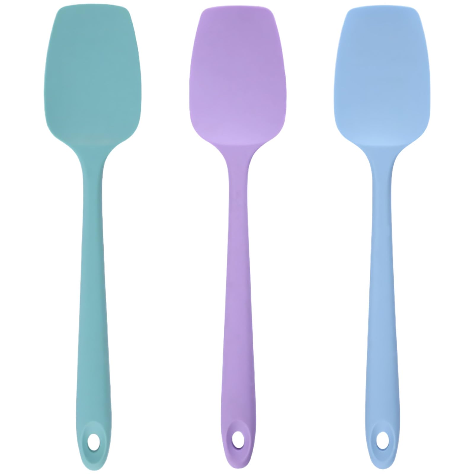 3 Stk. Silikonspatel Set, flexible Küchenhelfer zum Backen, Kochen und Mischen, gebogene Teigschaber mit ergonomischem Griff, weiche Spatelköpfe in Blau, Cyan und Hellviolett