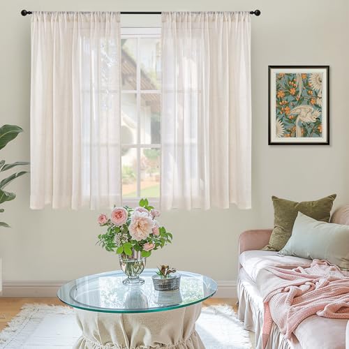 Image of BGment 54 Inch Length Oatmeal Curtains for Short Window - Rod Pocket Linen Sheer Drapes Light Filtering for Living Room Bedroom Lightweight Textured Natural Rustic, 2 Panels Set, 42 X 54 Inch