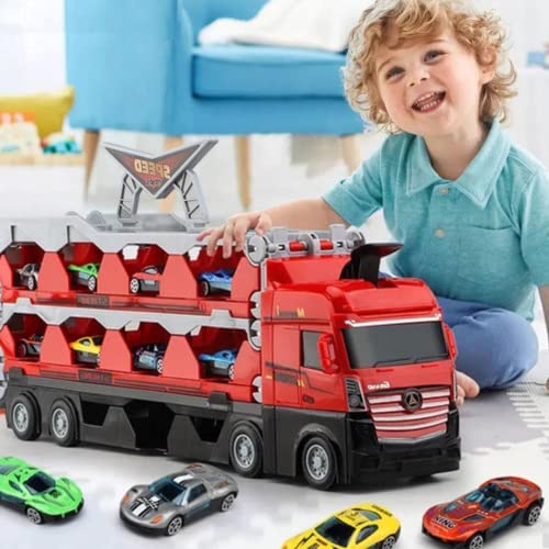 LOVEALOTTER Folding Race Car Hauler Truck Toy for Kids, Mega Carrier Cars Transporter with Folding Storage & Convertible 7-Foot Drag Racing Track, Great Gift for Boys & Girls