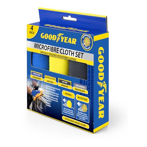 Goodyear 4PC Microfibre Cloth Set- microfibre cloths for cleaning your vehicle | Cleaning fibres attract dust | Showroom finish | Machine washable | Dashboard Buffing Window cloth | Wash and drying